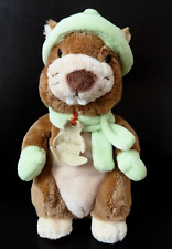 *. DOUDOU PELUCHE HISTOIRE D'OURS MARMOTTE CASTOR MARRON ECHARPE VERT 21cm TTBE