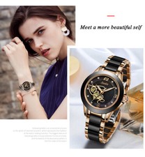 Top Quality Ladies Rhinestone Watch Luxury Rose Gold Black Ceramic Waterproof 