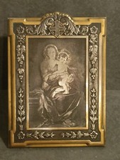 Ancien Cadre Reliquaire  Vierge à L'enfant Gravure sur Cuivre, Moret.