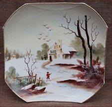   French Paris Porcelain Snowy Landscape Square Hand Painted Decorative Plate