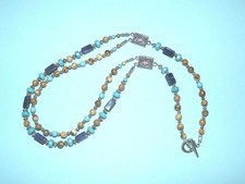 Collier mi-long 2 rangs pierres véritables jaspe lapis lazuli turquoise UNIQUE