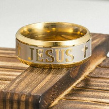 BAGUE/ANNEAU HOMME MÉTAL DORÉ ACIER INOXYDABLE  "JÉSUS"  