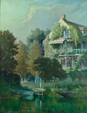 Beau tableau impressionniste bord de rivière étang barque domaine Sennelier 1900