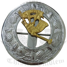 Pour Hommes Écossais Kilt Mouche Plaid Broche Cornemuse Chrome & Or Finition /