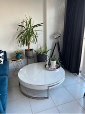 Table basse ronde design, blanche, plateau en verre