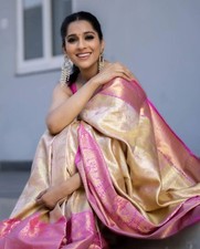 Saree En Soie Jacquard Lichi Doré Beige Rose Pour Mariage Ethnique Indien