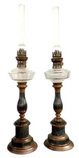 Paire De Lampes à Huile Anciennes En Métal Du 19ème Siècle Et Verre De Style Emp