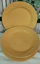 6 Assiettes à Dessert Jaune  Contour Barbotine Décor Fruits cerises poires ...