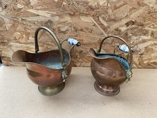 Paire Ancien Seau A Charbon Cendres Cuivre & Laiton + Anse Porcelaine #B328