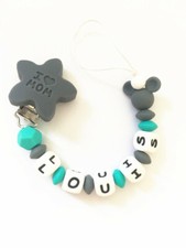 Attache Sucette Bébé Perle Silicone antibactérienne prénom LUCAS OCEANE LOUIS