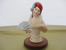 1920 German Lady with Fan & Blue Cloche Hat Pin Cushion Half Doll Good 
