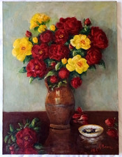 TABLEAU XX EME HST NATURE  MORTE AU BOUQUET DE FLEURS ROSES SIGNE BRUN