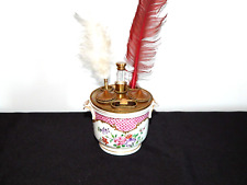 ANCIEN ENCRIER Porte-Plume en PORCELAINE Samson ? et LAITON à Décor Floral Signé