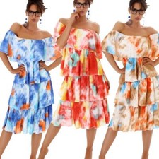 Robe Femmes Multicolore Stretch à Volants Pli Carmen Batique D'Été Salsa de Bal