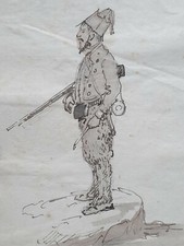 CORSE Homme Fusil DESSIN ORIGINAL Encre AQUARELLE Costume 1830