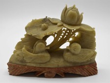 CHINE : SUBLIME SCULPTURE CANARD & PIVOINES EN PIERRE DE LARD / DURE 