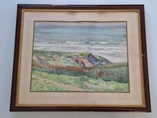 peinture aquarelle paysage cote basque bord de mer tableau  encadré signé