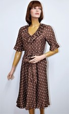 French Vintage 60s brown polka dots silk short sleeves handmade dress 38FR 6US