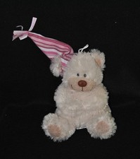 Peluche doudou ours blanc NICKY TOY blanc beige bonnet rayures mauve 16 cm TTBE 