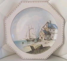 ASSIETTE ANCIENNE CREIL OCTOGONALE PERLEE - Rare Decor Maritime - Début XIXe