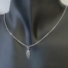 COLLIER ARGENTE 40,6cm PENDENTIF FEUILLE 13x5,5mm ACIER INOX HYPOALLERGENIQUE