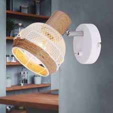 Applique Murale Lampe Pivotant Spot Boho Design Chanvre Bois Lampe de Chambre