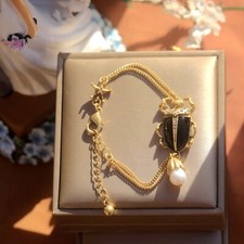 Bracelet Doré Gothique Insecte Scarabée Coléoptère Motif Jade Noir Perle QD31