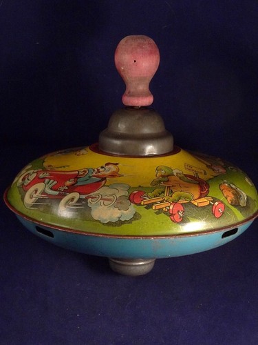 Ancien jouet toupie tôle bois