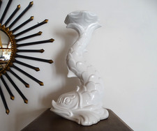 Colonne / porte plante en faience blanche vintage CARPE KOI / Poisson - 44 cm