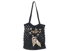 SAC A MAIN CABAS PRADA PAILLE LOGO ET FOULARD EN SOIE RAPHIA NOIR HANDBAG 1600€