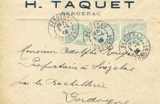 lettre H. Taquet  - cachet Bergerac 1906 et La Bachellerie - 3 type Blanc