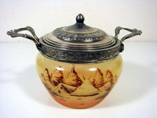 Sucrier Couvert Verre Peint Schneider Monture Etain Décor Signé Verçais TBE