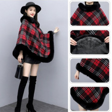 Femme Châle Poncho Cape Fausse Fourrure Bord Polaire Doublé Plaid Drapé Thermal