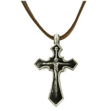 COLLIER pendentif Homme Ou Femme Mixte Cuir marron CROIX acier crucifix argenté 