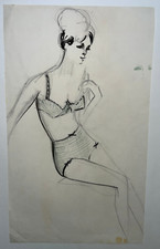LINGERIE FEMME Curiosa DESSIN ORIGINAL Mode DENISE AROKAS 47x28cm Erotique XX°