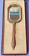 Ancien miroir face à main en bronze ou laiton, miroir biseauté, écrin d'origine
