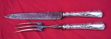 French Rococo Serving Set Carving Knife & Forks Sterling Silver Handle Iron Blad