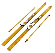 ANCIENNE PAIRE SKI ENFANT BOIS + BATONS 159 CM RAMY SAVOIE CHALET DECO MONTAGNE