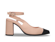 Chaussures à talon femme bout amande noire beige à bride slingback en cuir végan