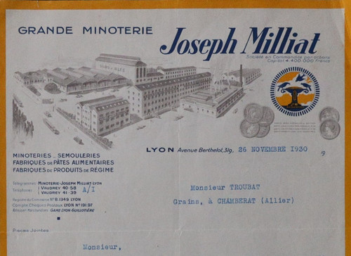 Facture 1930 lyon minoterie - facture,