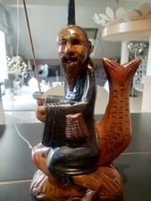 Sculpture vintage d un pêcheur Asiatique/Chinois En bois polychrome sculpté main