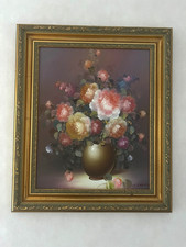 Peinture à l'huile sur tuile, bouquet de fleurs cadre en bois dore