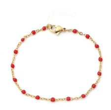Bracelet perles résine Rouge acier inoxydable or artinal fait main femme 20cm