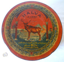 GROSSE BOITE PUB ANCIENNE TÔLE LITHOGRAPHIÉE HALVA DE SMYRNE LE CERF