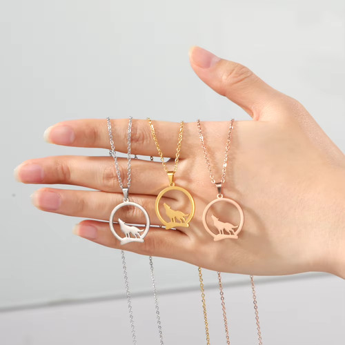 Collier loup animal lune - , inox
