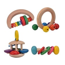 Jouets sensoriels en bois éducatif 4 hochets en bois colorés et ludiques NEUF