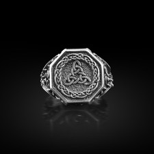 Bague chevalière Triquetra en argent sterling nœud trinité celtique homme...