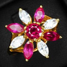 Bagues florales en argent sterling 925 et or 24 carats tourmaline rubellite...