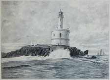 E. SUDRE DESSIN ORIGINAL ENCADRÉ 1937 PHARE DE LA TEIGNOUSE CONGUEL QUIBERON