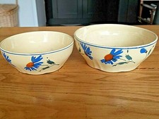 Lots de 2 petits plats creux vintage decors de fleurs bleues sur fond jaune pale